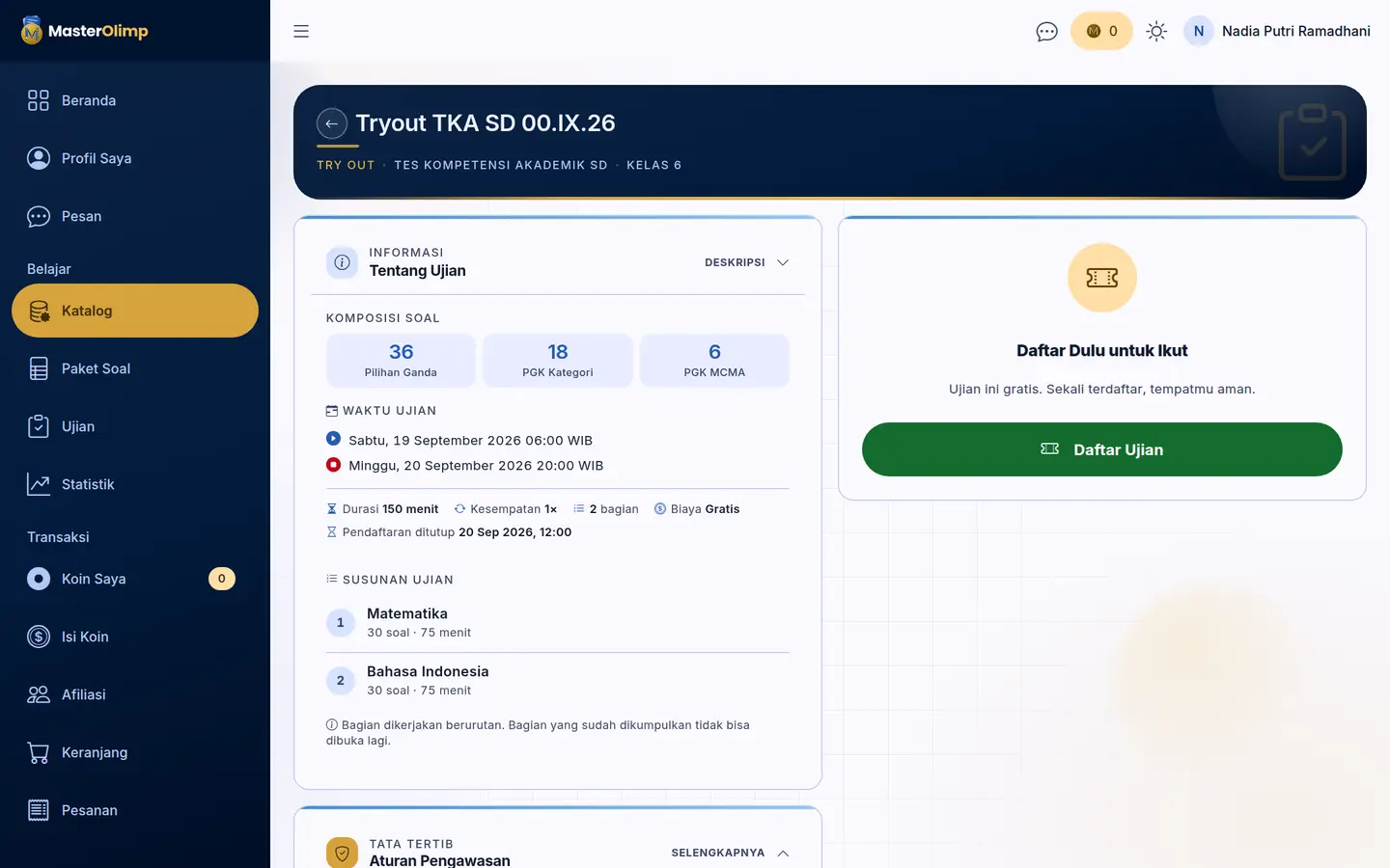 Halaman rincian try out dengan tombol Daftar Ujian