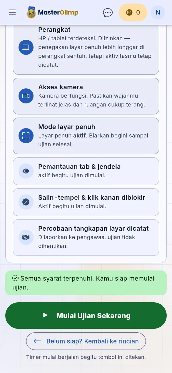 Tombol Mulai Ujian Sekarang di HP