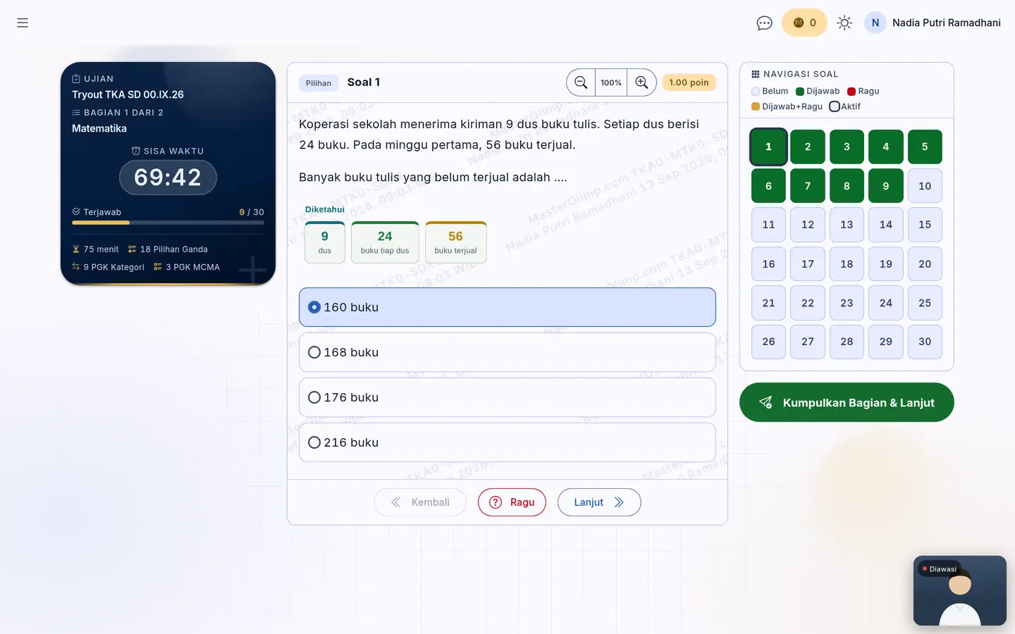 Ruang ujian dengan timer, soal, dan navigasi soal